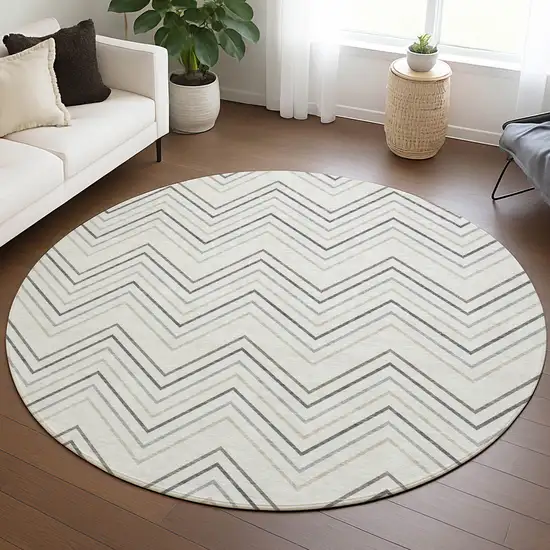 8' Ivory Gray And Taupe Round Geometric Washable Indoor Outdoor Area Rug Photo 5