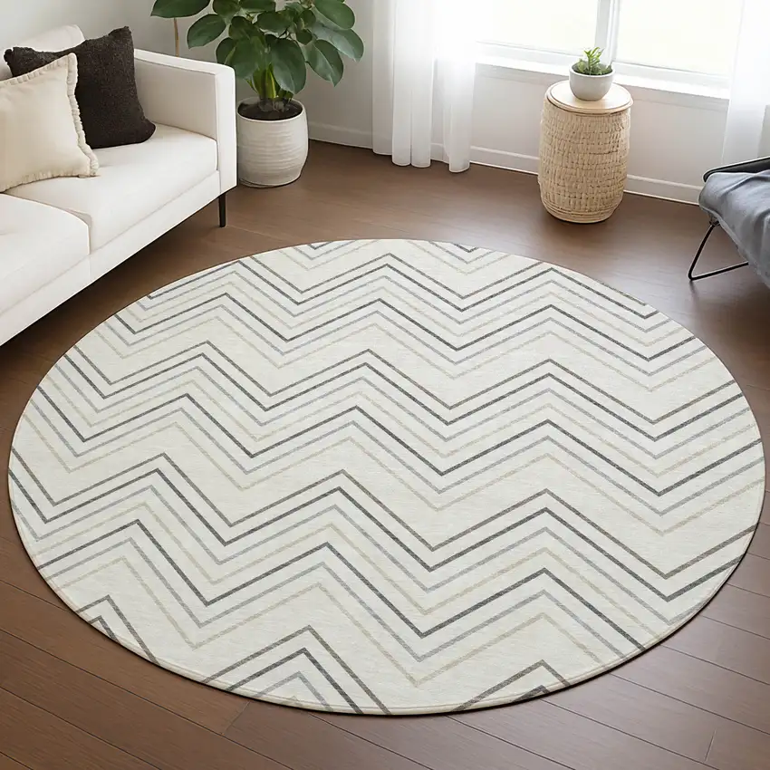 8' Ivory Gray And Taupe Round Geometric Washable Indoor Outdoor Area Rug Photo 5