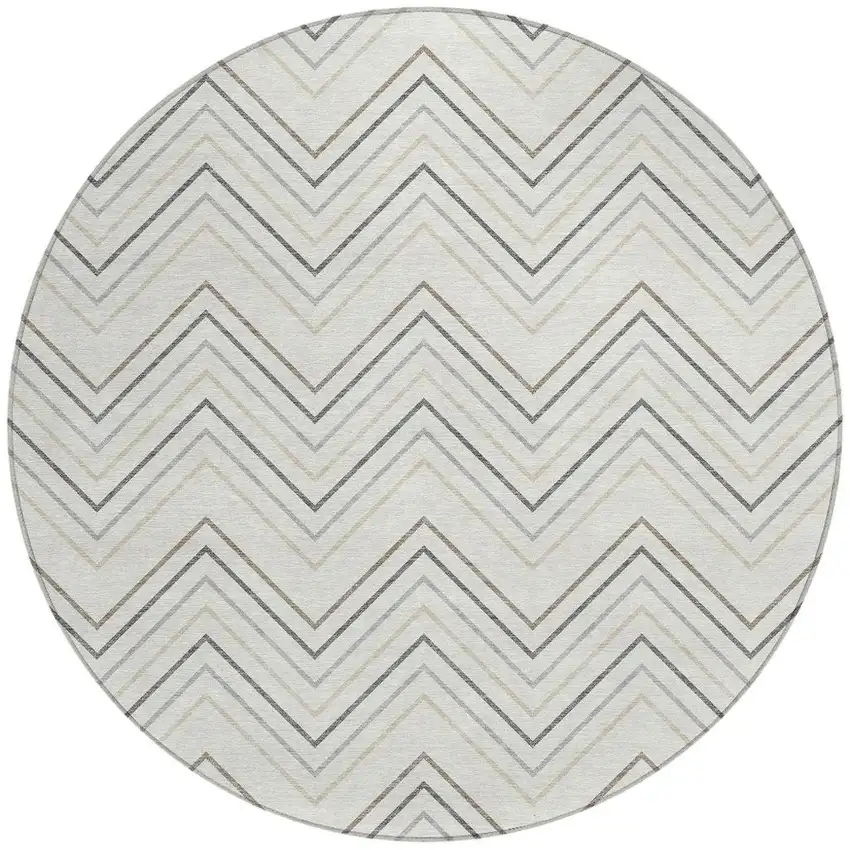 8' Ivory Gray And Taupe Round Geometric Washable Indoor Outdoor Area Rug Photo 3