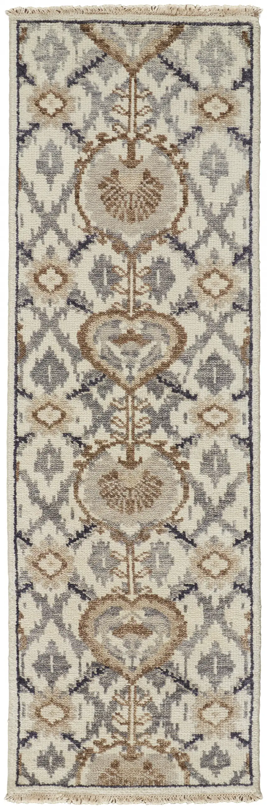 8' Ivory Gray And Taupe Wool Floral Hand Knotted Stain Resistant Runner Rug Photo 1