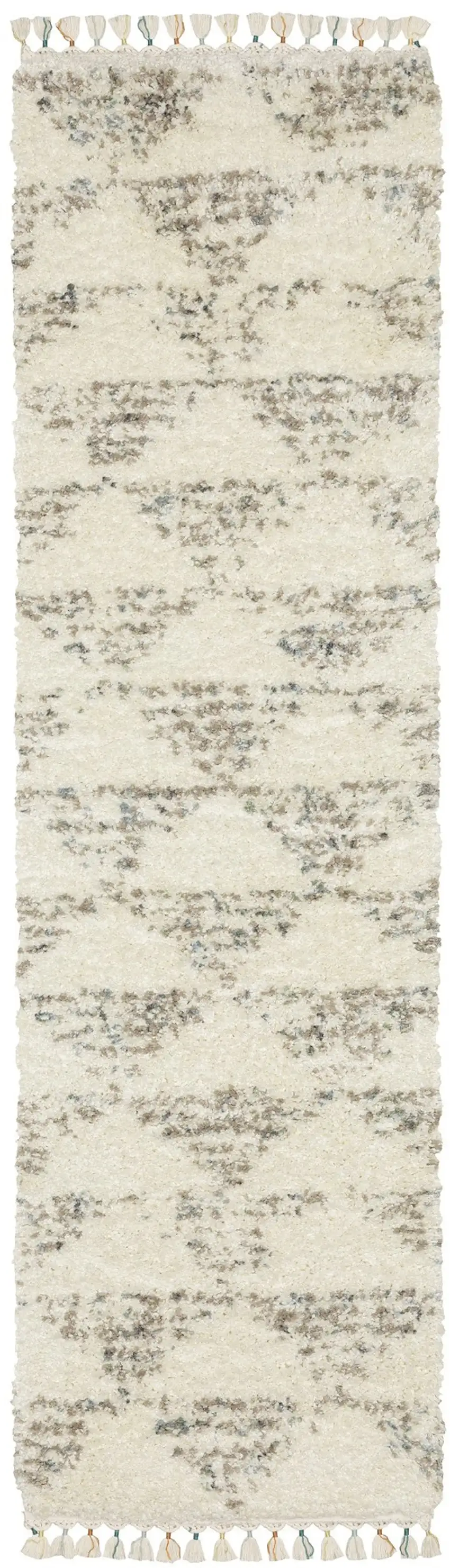8' Ivory Gray And Teal Geometric Shag Runner Rug With Fringe Photo 2