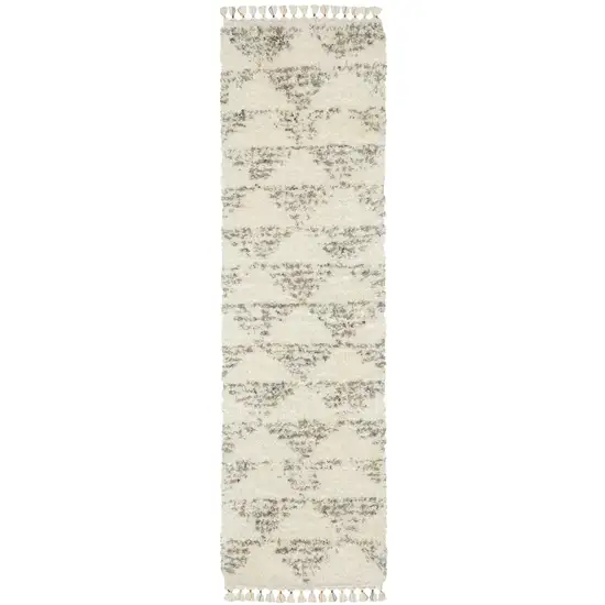 8' Ivory Gray And Teal Geometric Shag Runner Rug With Fringe Photo 2