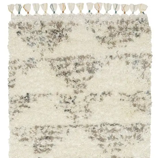 8' Ivory Gray And Teal Geometric Shag Runner Rug With Fringe Photo 4