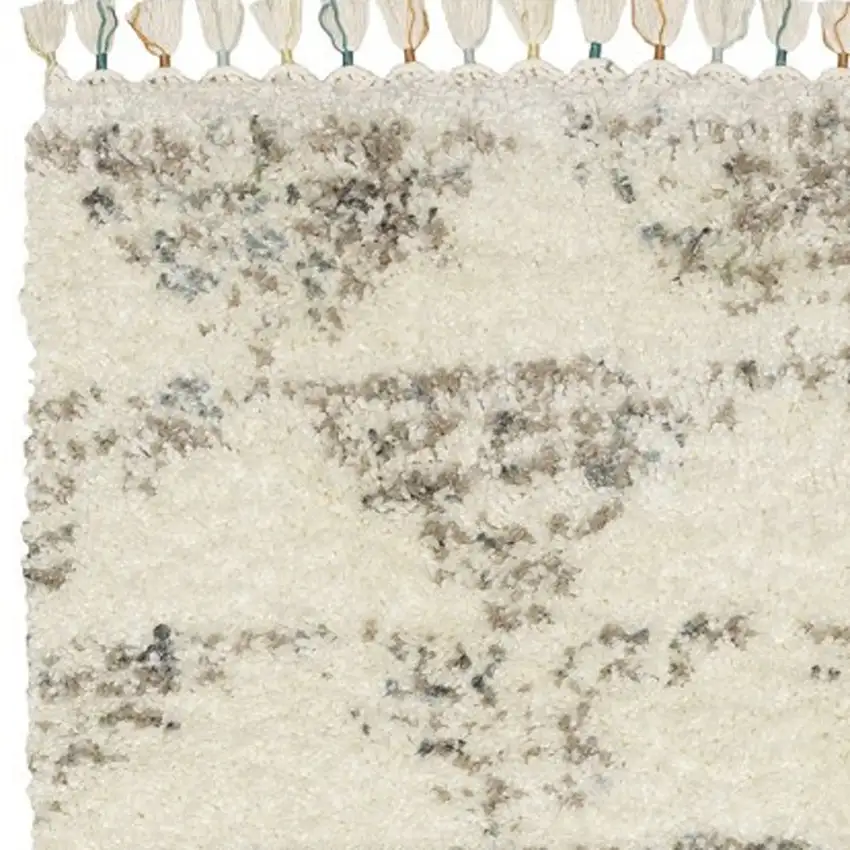 8' Ivory Gray And Teal Geometric Shag Runner Rug With Fringe Photo 6