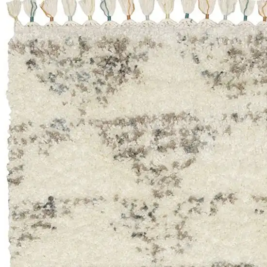 8' Ivory Gray And Teal Geometric Shag Runner Rug With Fringe Photo 6