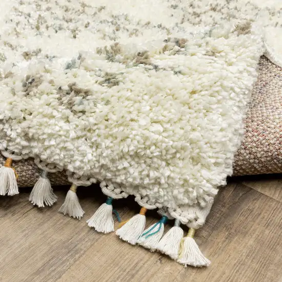 8' Ivory Gray And Teal Geometric Shag Runner Rug With Fringe Photo 9