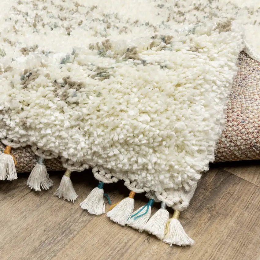 8' Ivory Gray And Teal Geometric Shag Runner Rug With Fringe Photo 9