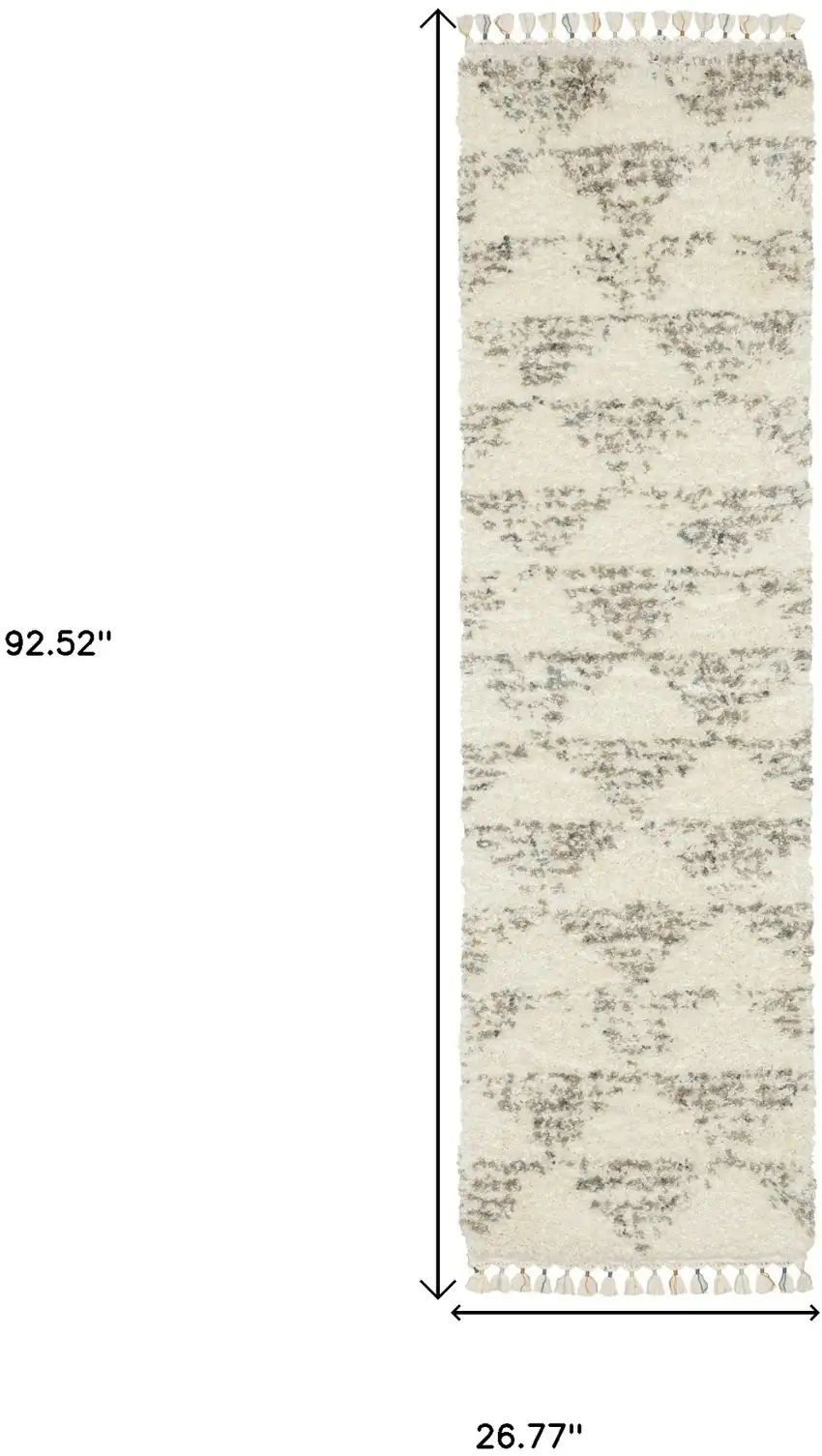 8' Ivory Gray And Teal Geometric Shag Runner Rug With Fringe Photo 3