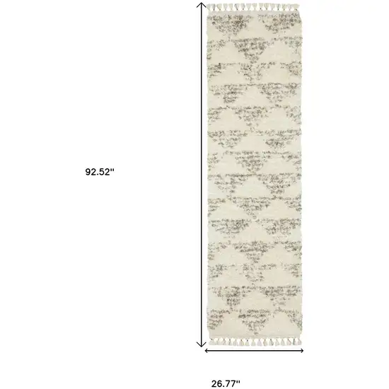 8' Ivory Gray And Teal Geometric Shag Runner Rug With Fringe Photo 3