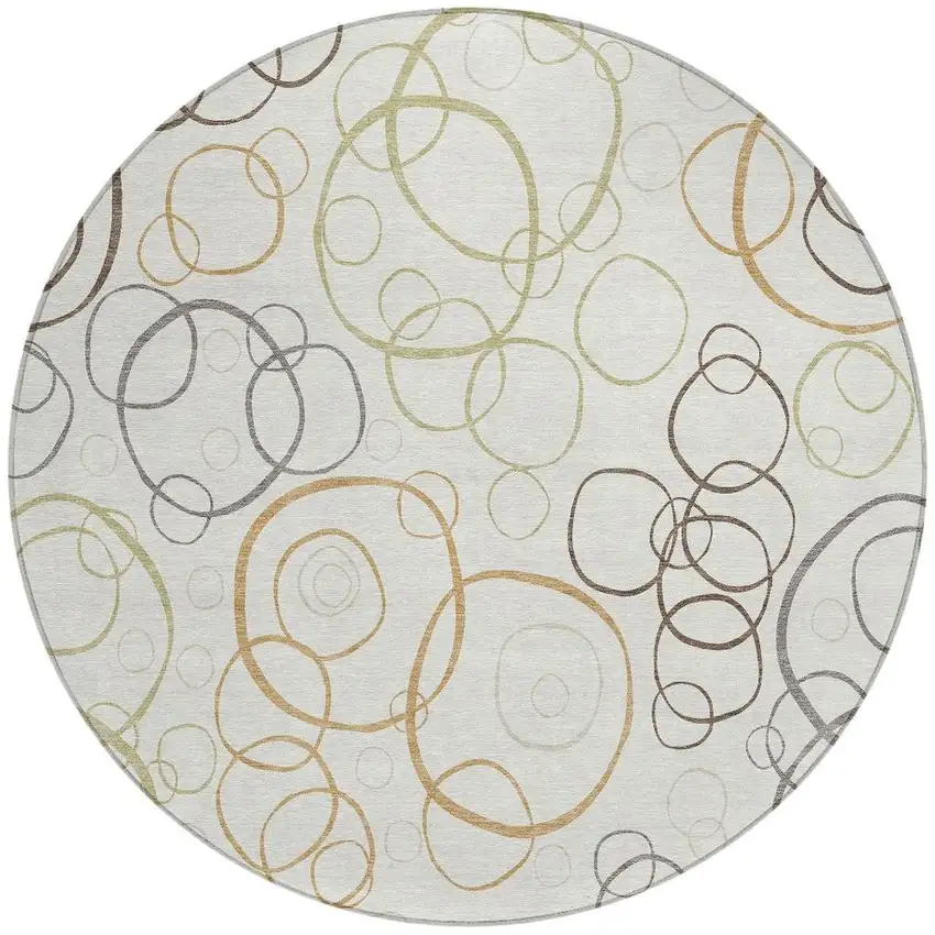 8' Ivory Gray And Walnut Round Geometric Washable Indoor Outdoor Area Rug Photo 3