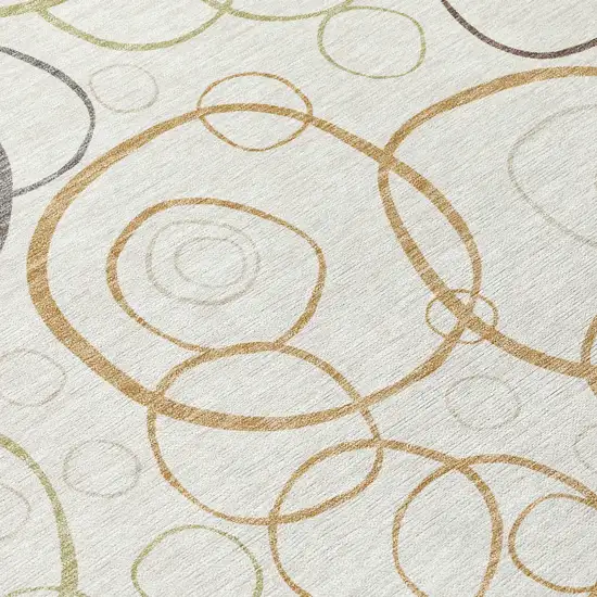 8' Ivory Gray And Walnut Round Geometric Washable Indoor Outdoor Area Rug Photo 9