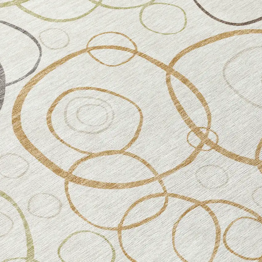 8' Ivory Gray And Walnut Round Geometric Washable Indoor Outdoor Area Rug Photo 9