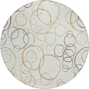 Photo of 8' Ivory Gray And Walnut Round Geometric Washable Indoor Outdoor Area Rug