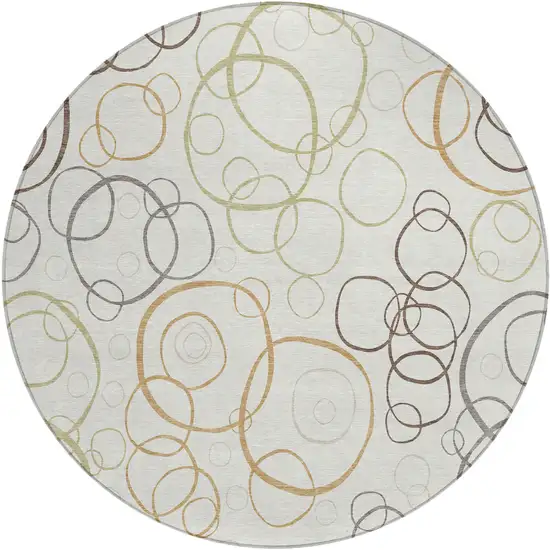 8' Ivory Gray And Walnut Round Geometric Washable Indoor Outdoor Area Rug Photo 1