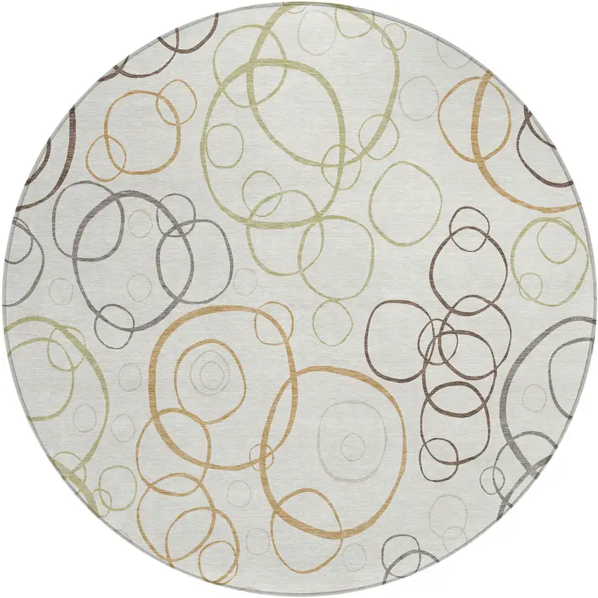 8' Ivory Gray And Walnut Round Geometric Washable Indoor Outdoor Area Rug Photo 1