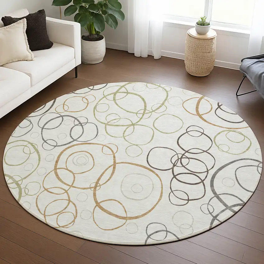 8' Ivory Gray And Walnut Round Geometric Washable Indoor Outdoor Area Rug Photo 5
