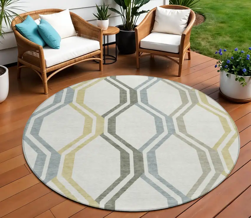 8' Ivory Gray And Wheat Round Geometric Washable Indoor Outdoor Area Rug Photo 1