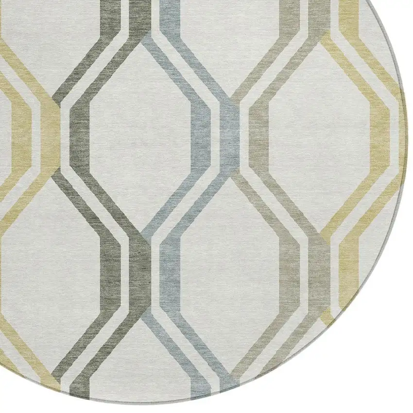 8' Ivory Gray And Wheat Round Geometric Washable Indoor Outdoor Area Rug Photo 6