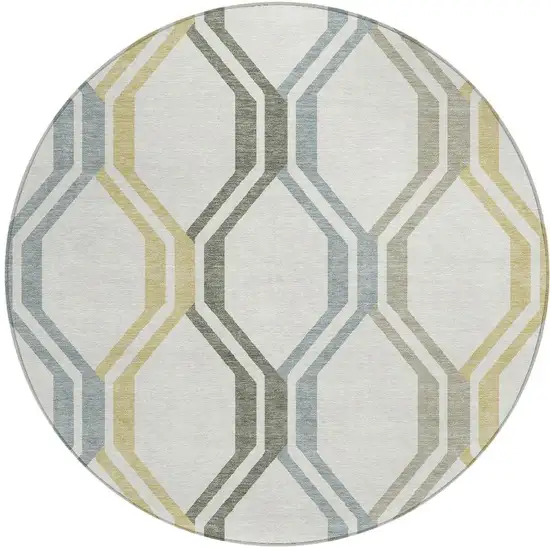 8' Ivory Gray And Wheat Round Geometric Washable Indoor Outdoor Area Rug Photo 4