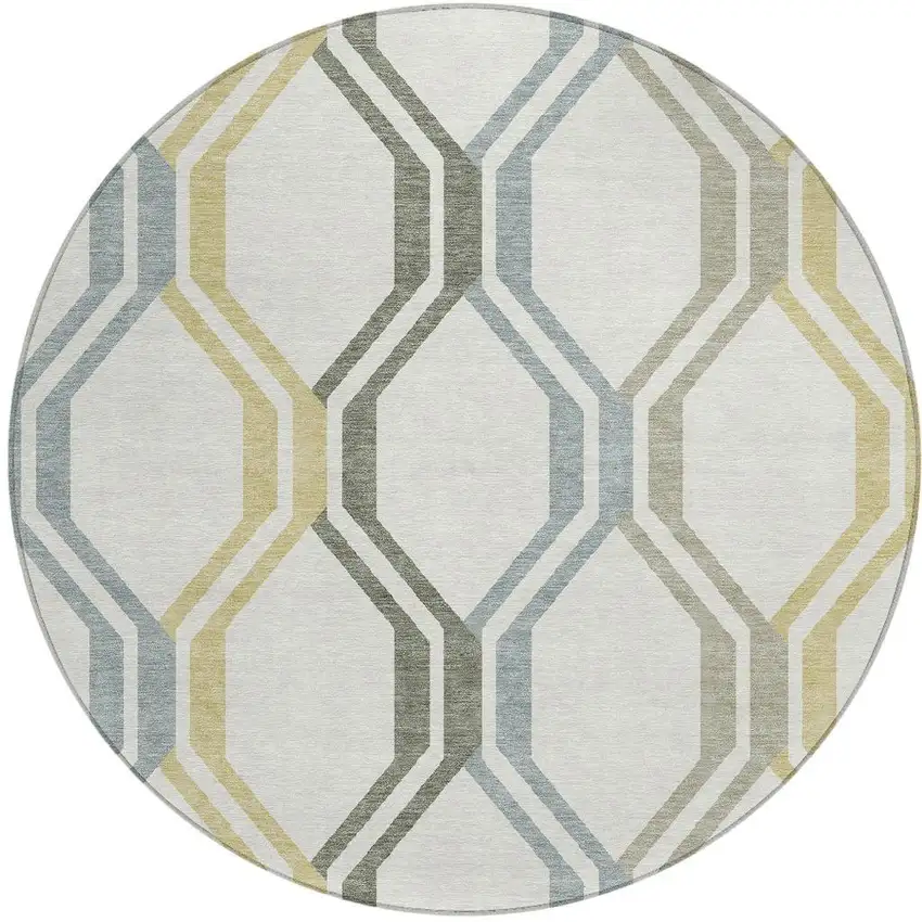 8' Ivory Gray And Wheat Round Geometric Washable Indoor Outdoor Area Rug Photo 4