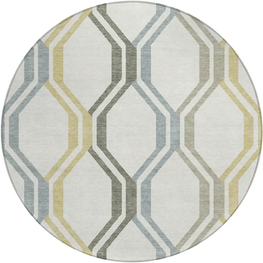 8' Ivory Gray And Wheat Round Geometric Washable Indoor Outdoor Area Rug Photo 2