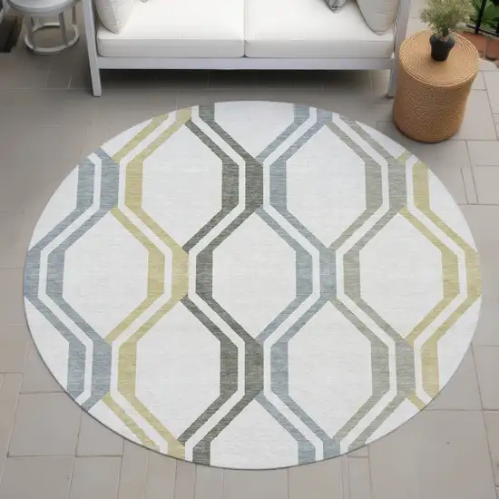8' Ivory Gray And Wheat Round Geometric Washable Indoor Outdoor Area Rug Photo 8