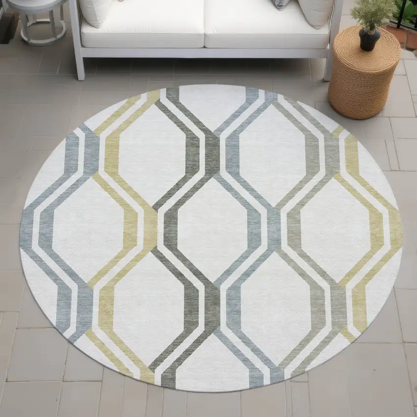 8' Ivory Gray And Wheat Round Geometric Washable Indoor Outdoor Area Rug Photo 8