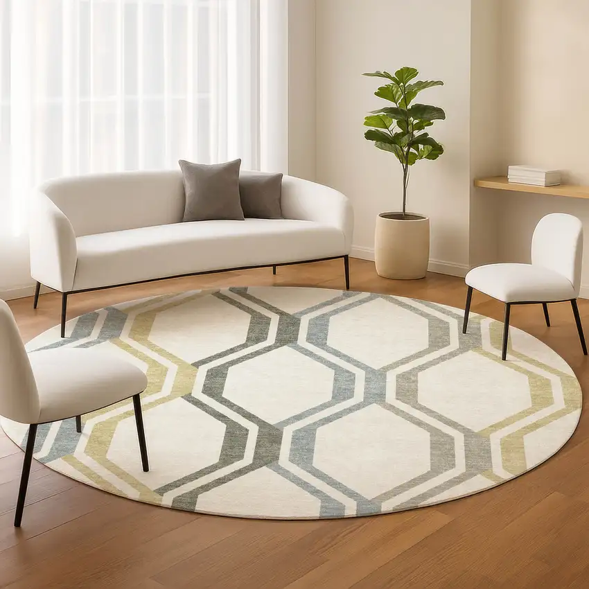8' Ivory Gray And Wheat Round Geometric Washable Indoor Outdoor Area Rug Photo 9