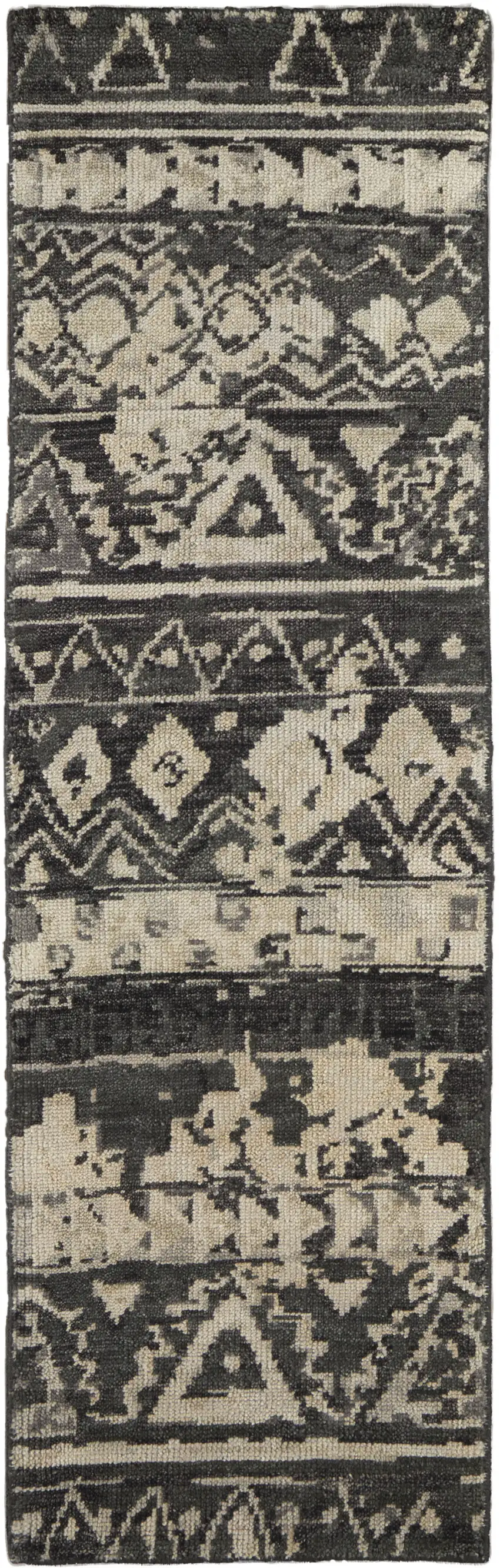 8' Ivory Gray and Black Wool Geometric Hand Knotted Runner Rug Photo 2
