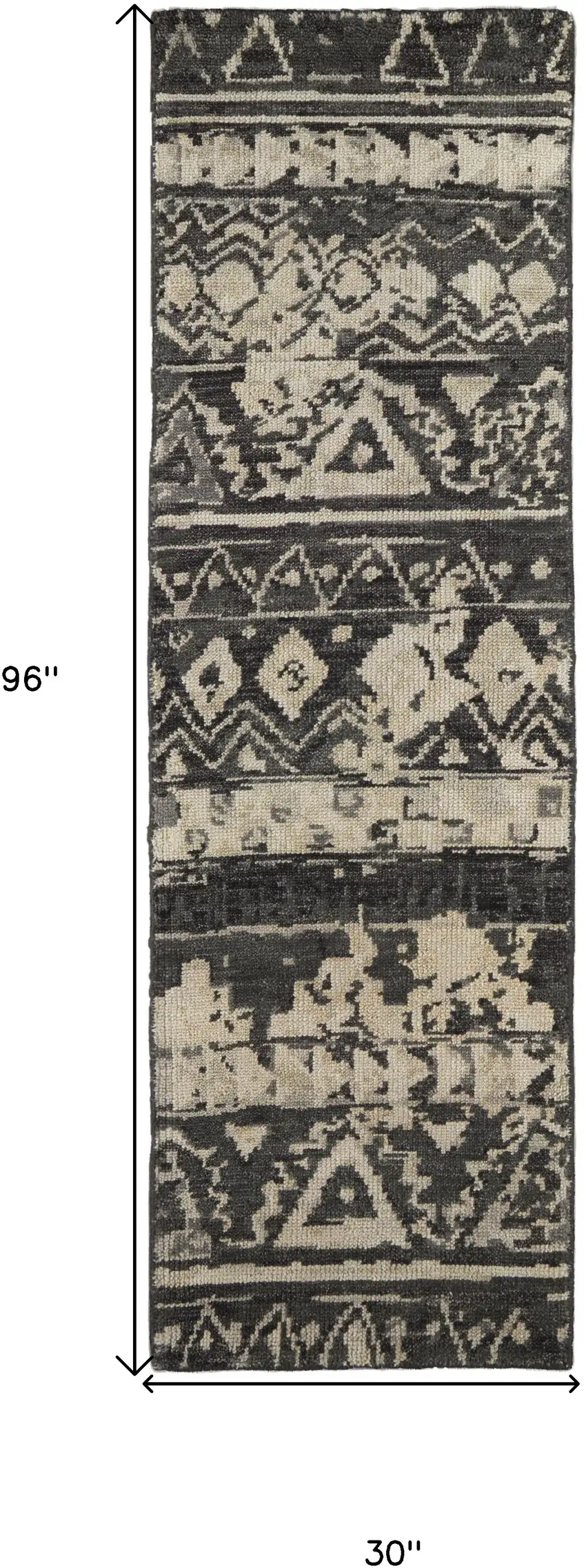 8' Ivory Gray and Black Wool Geometric Hand Knotted Runner Rug Photo 3