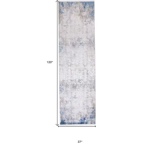 10' Ivory Gray and Blue Abstract Power Loom Runner Rug With Fringe Photo 3