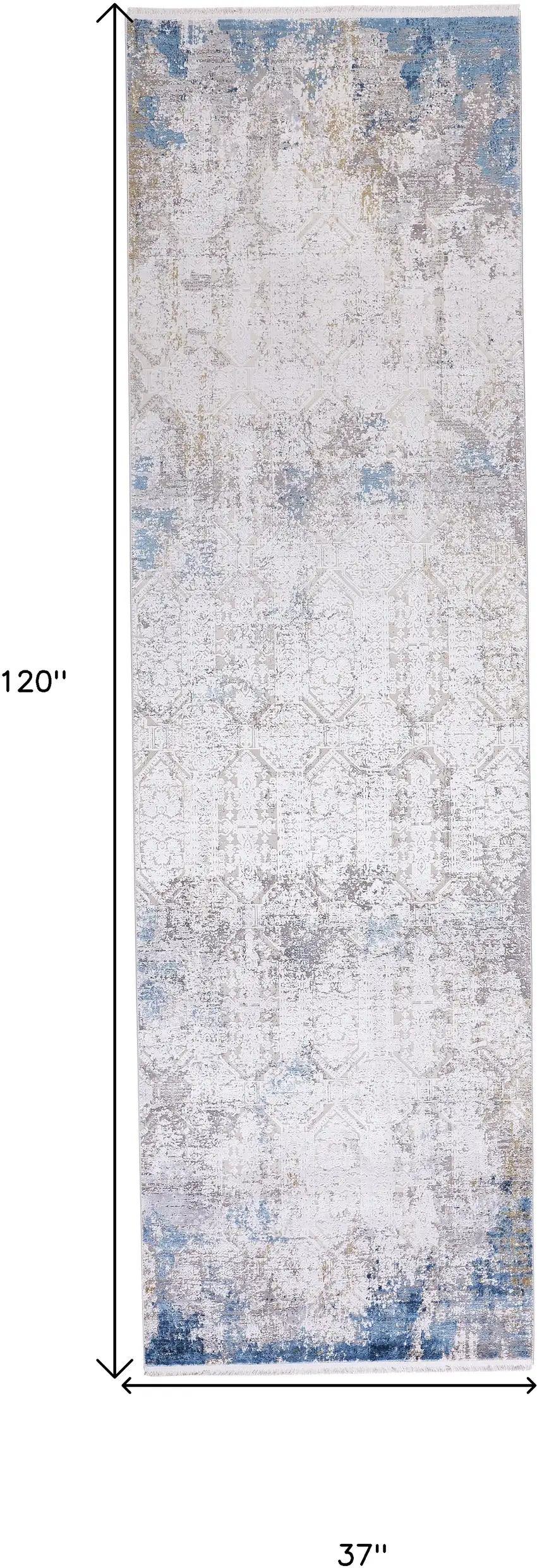10' Ivory Gray and Blue Abstract Power Loom Runner Rug With Fringe Photo 3