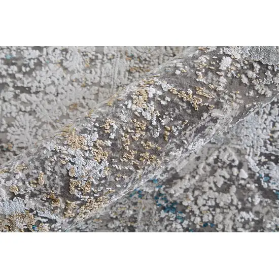 10' Ivory Gray and Blue Abstract Power Loom Runner Rug With Fringe Photo 7