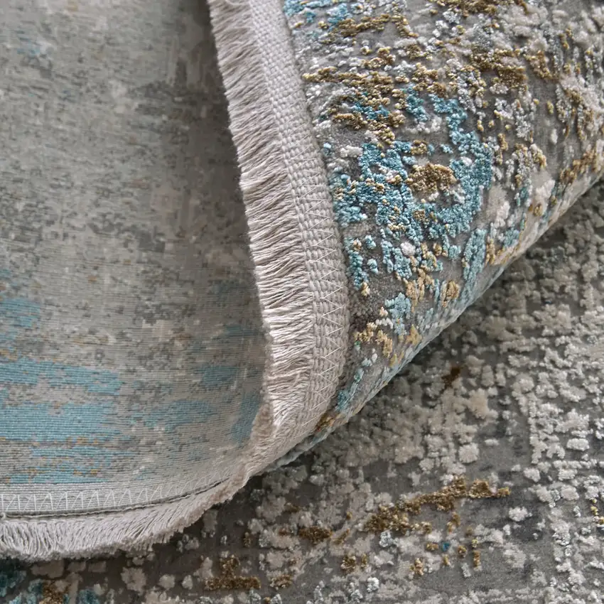 10' Ivory Gray and Blue Abstract Power Loom Runner Rug With Fringe Photo 9