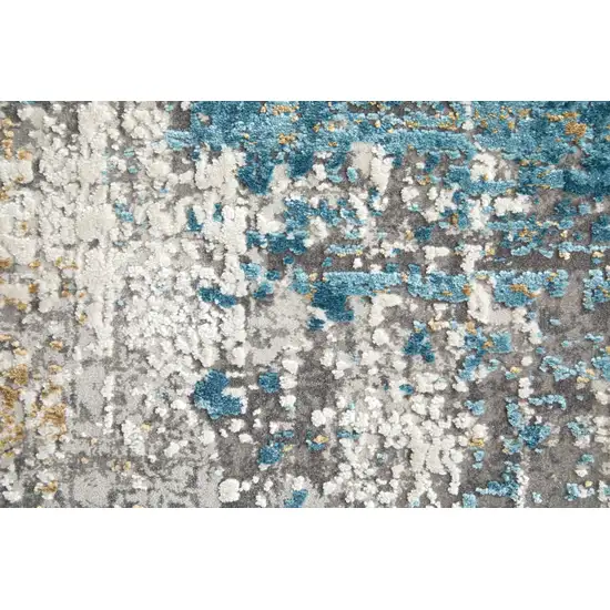 10' Ivory Gray and Blue Abstract Power Loom Runner Rug With Fringe Photo 8