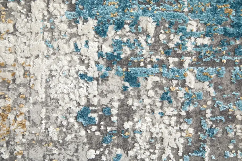 10' Ivory Gray and Blue Abstract Power Loom Runner Rug With Fringe Photo 8