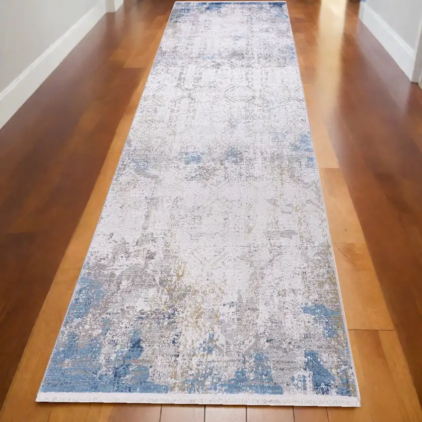 10' Ivory Gray and Blue Abstract Power Loom Runner Rug With Fringe Photo 1