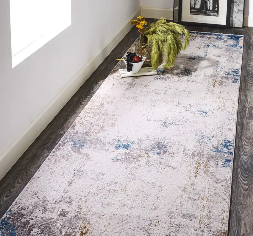 10' Ivory Gray and Blue Abstract Power Loom Runner Rug With Fringe Photo 6