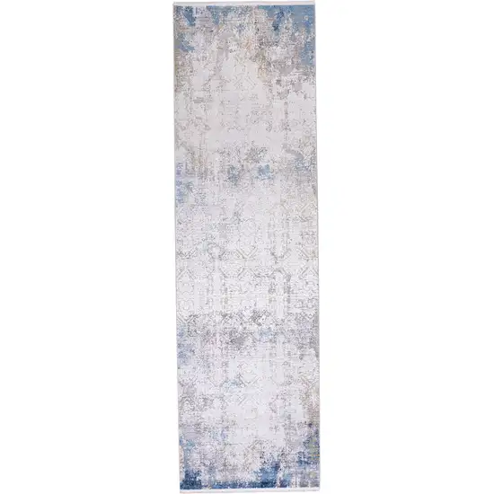 10' Ivory Gray and Blue Abstract Power Loom Runner Rug With Fringe Photo 2