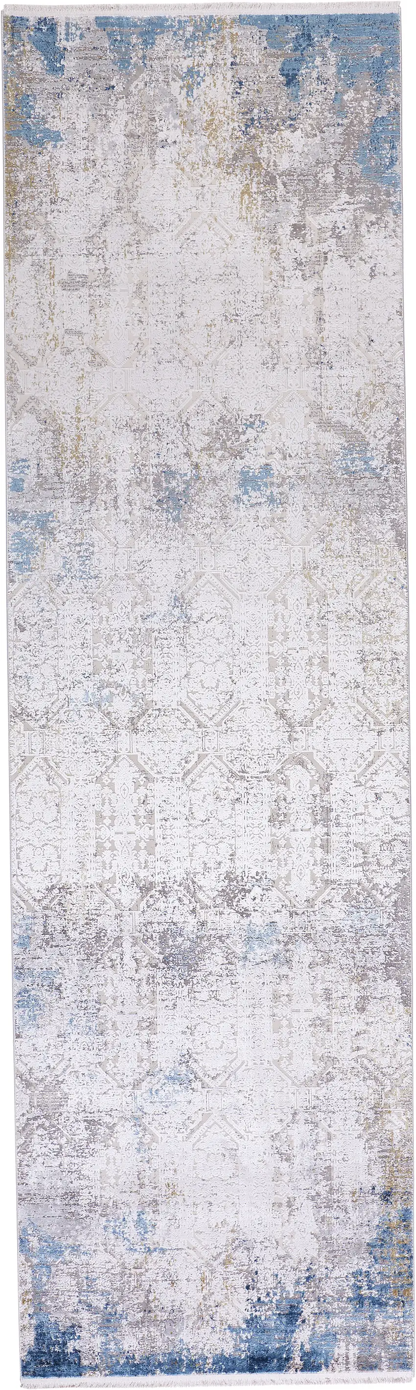 10' Ivory Gray and Blue Abstract Power Loom Runner Rug With Fringe Photo 2