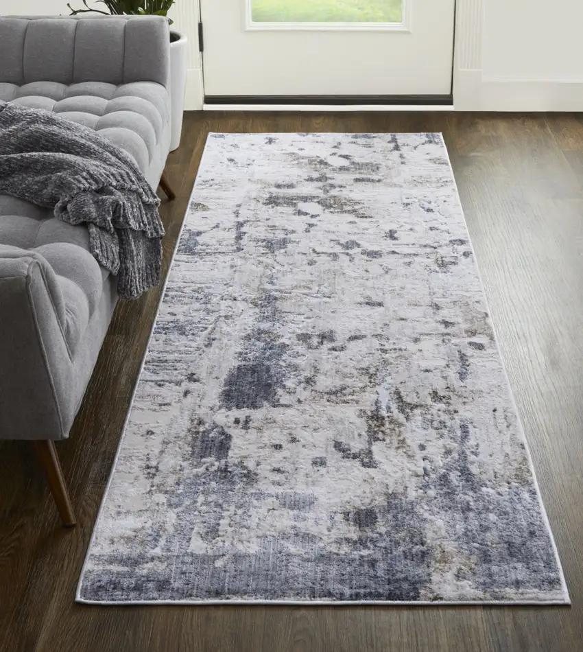 10' Ivory Gray and Blue Abstract Power Loom Worn Faded Runner Rug Photo 6