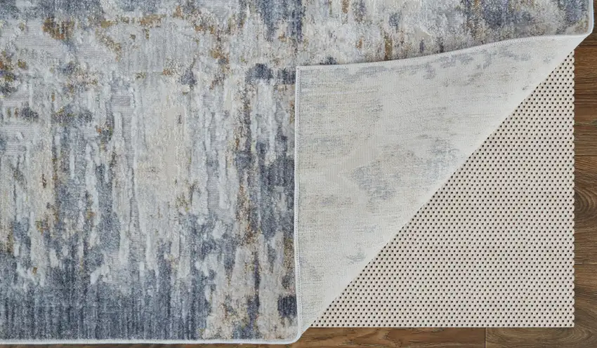 10' Ivory Gray and Blue Abstract Power Loom Worn Faded Runner Rug Photo 9