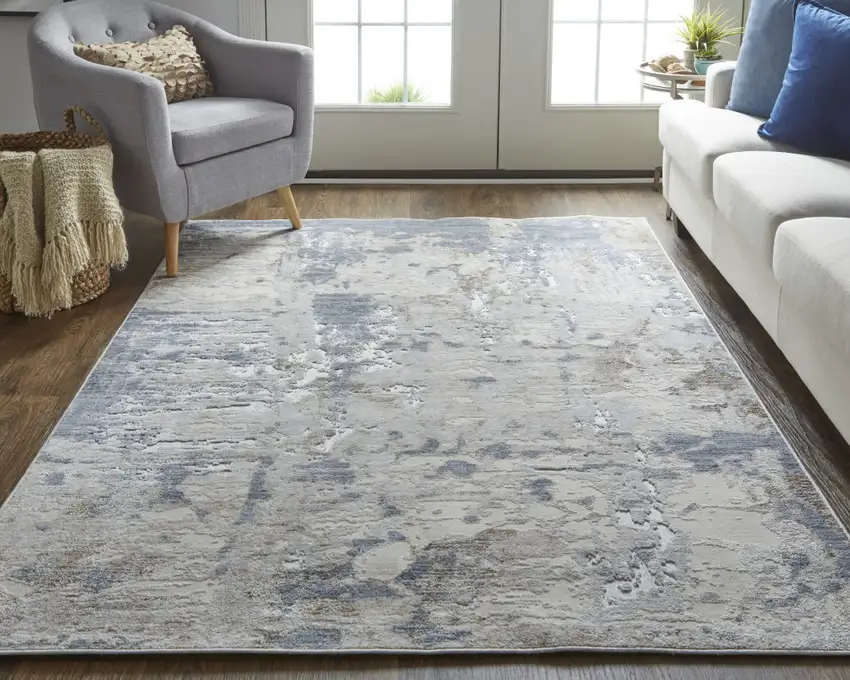 10' Ivory Gray and Blue Abstract Power Loom Worn Faded Runner Rug Photo 5