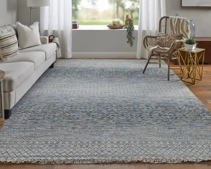 10' Ivory Gray and Blue Wool Hand Knotted Runner Rug With Fringe Photo 5