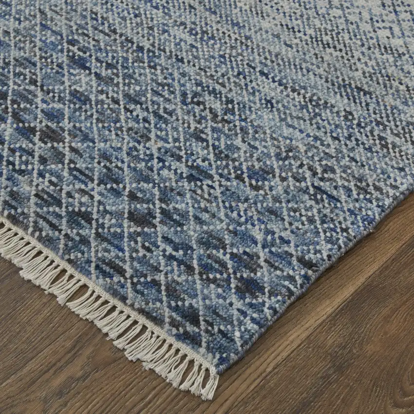 10' Ivory Gray and Blue Wool Hand Knotted Runner Rug With Fringe Photo 6