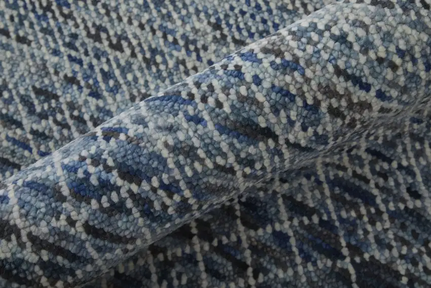 10' Ivory Gray and Blue Wool Hand Knotted Runner Rug With Fringe Photo 8