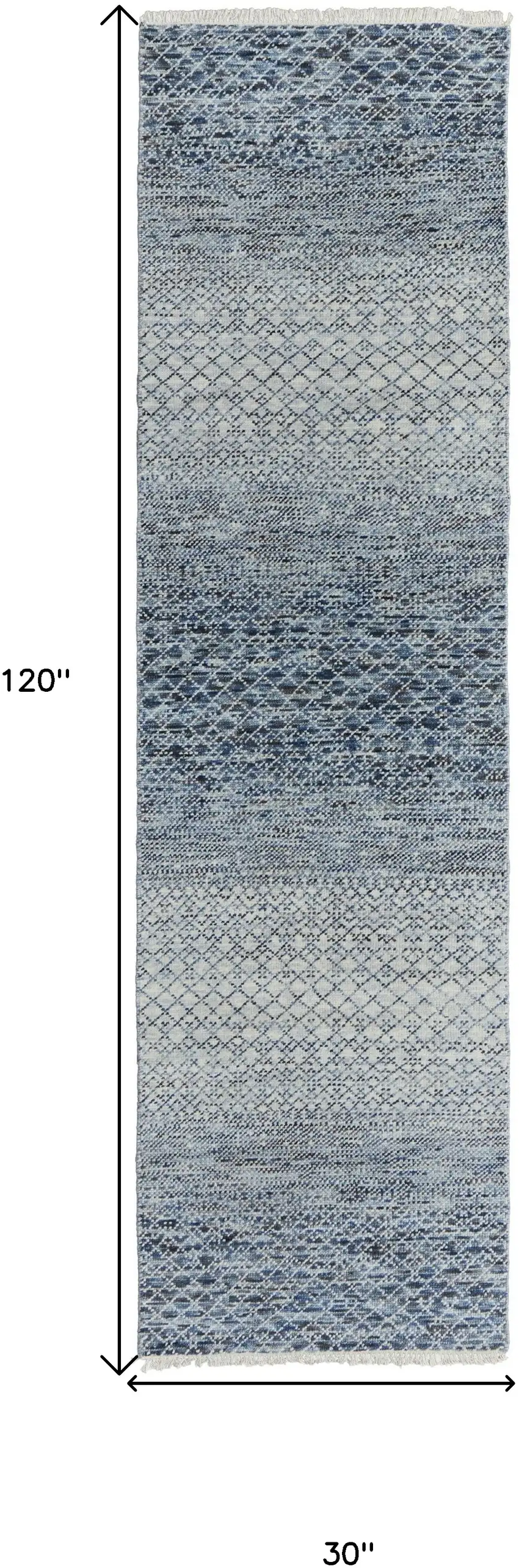 10' Ivory Gray and Blue Wool Hand Knotted Runner Rug With Fringe Photo 3