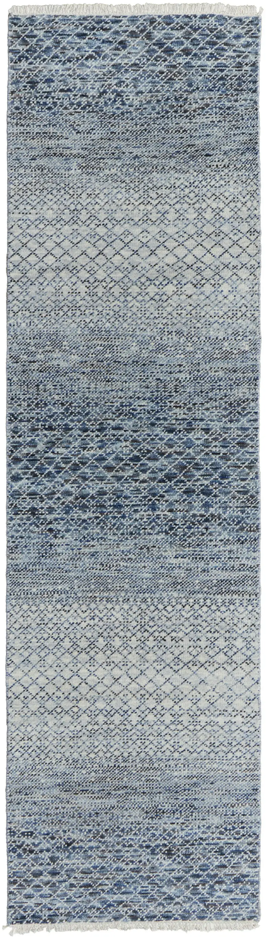 10' Ivory Gray and Blue Wool Hand Knotted Runner Rug With Fringe Photo 2