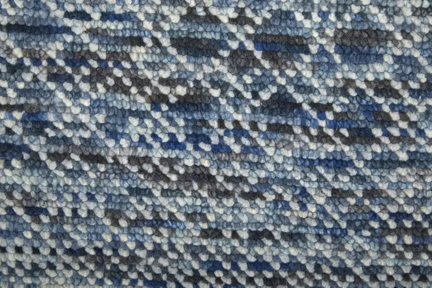 10' Ivory Gray and Blue Wool Hand Knotted Runner Rug With Fringe Photo 9