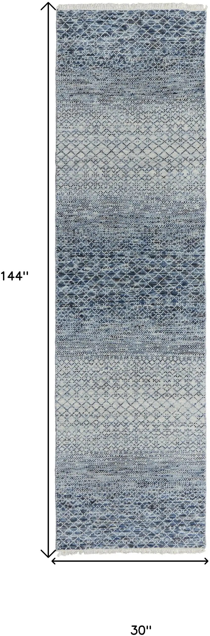 12' Ivory Gray and Blue Wool Hand Knotted Runner Rug With Fringe Photo 3